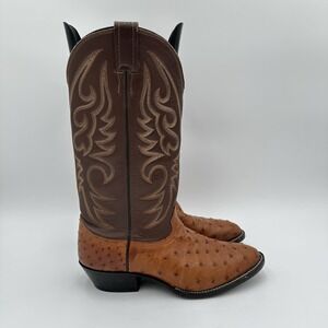 Larry Mahan Cognac Brown Ostrich Leather Cowboy Boots 7.5 D Western Full Quill